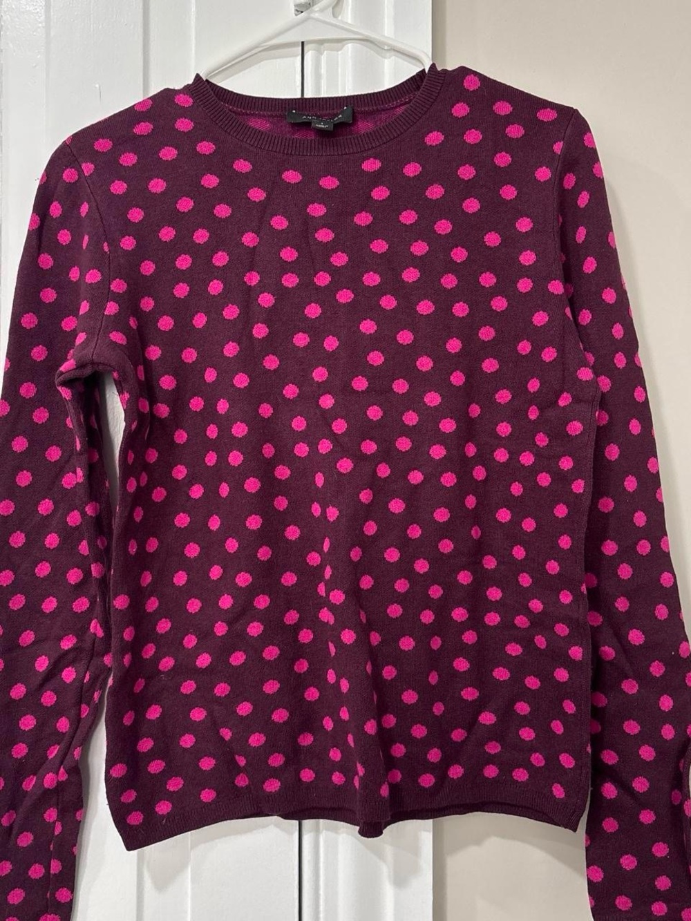 Ann Taylor Burgundy Crewneck Sweater with Pink Polka Dots